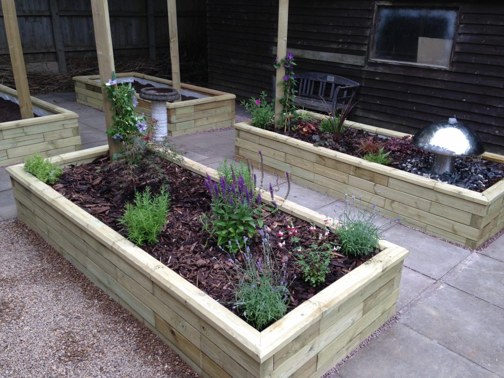 Dementia Garden With Four Raised Planters Including Area for Garden Tending