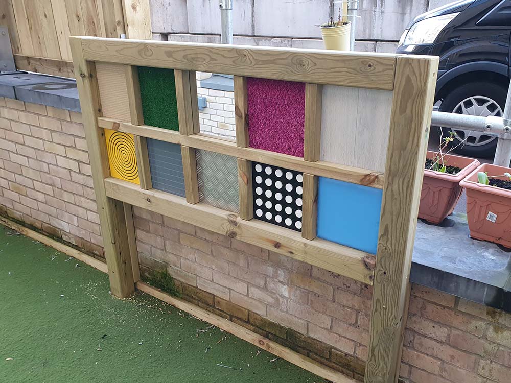 Outdoor Wooden Tactile Panel In Sensory Garden With Various Textures, Colours and Patterns