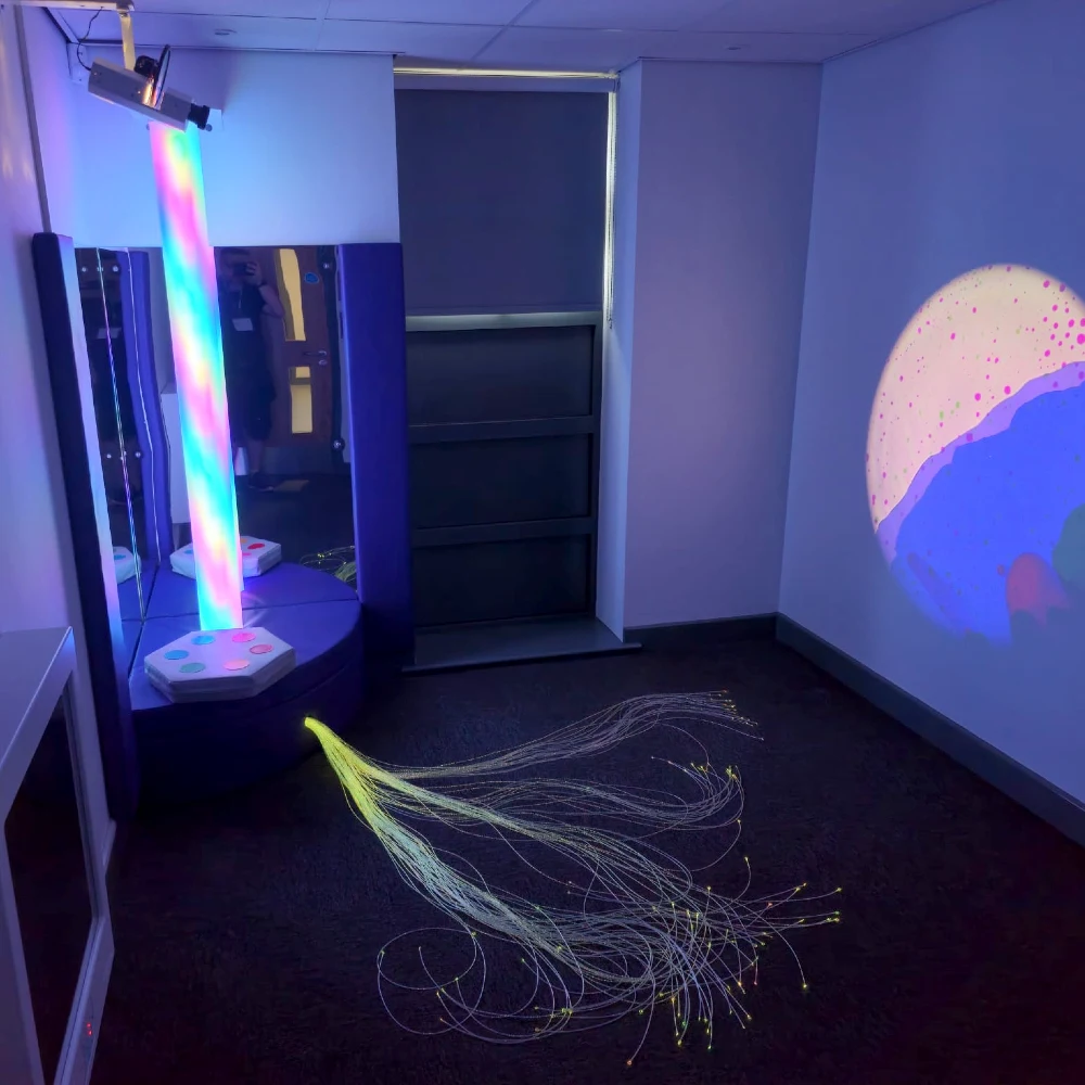 Bespoke sensory room featuring interactive sensory equipment and lighting, designed and installed by Sensory Technology